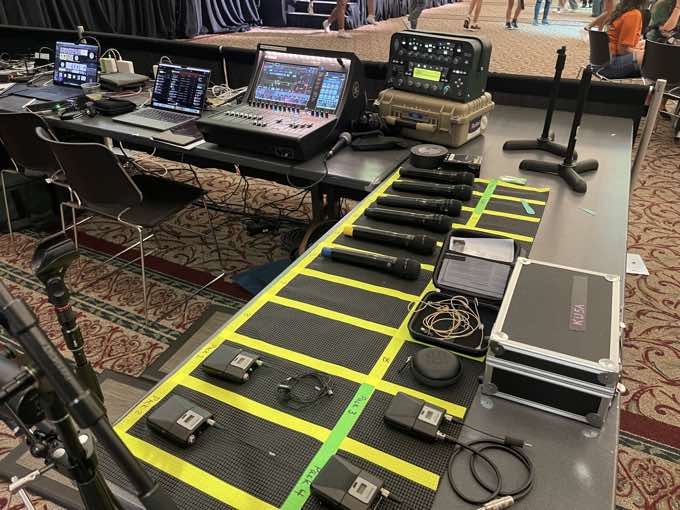 FOH mixing console and wireless mic packs