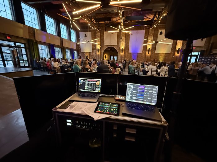 DJ booth overlooking a formal banquet room